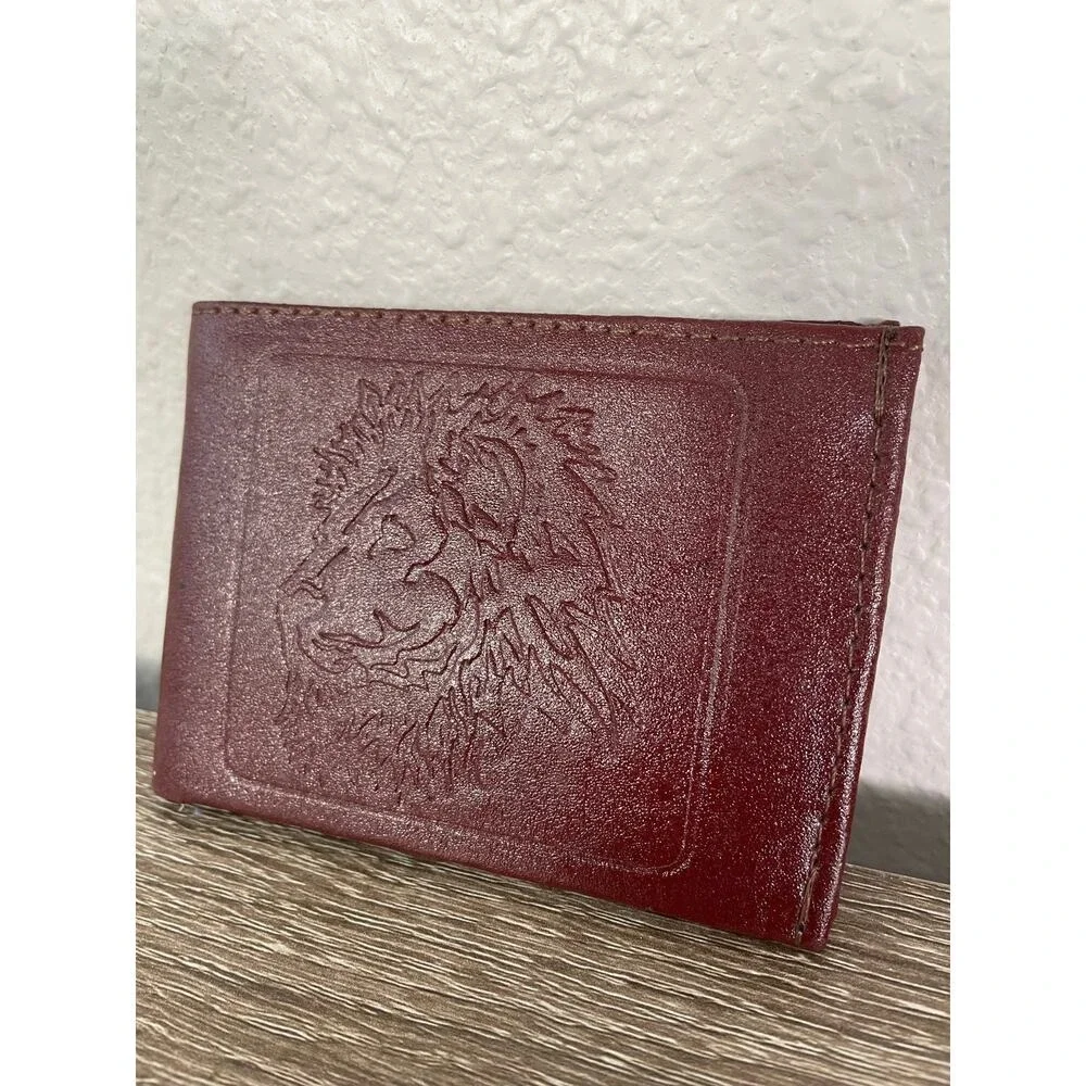 Men's Red‎ Leather Wallet with Lion Embossed Design Bi-Fold ID Holder
